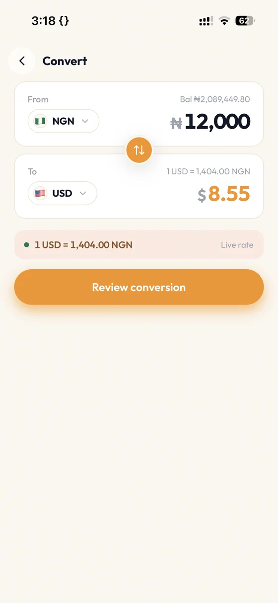 Cyphalet mobile app — currency conversion screen