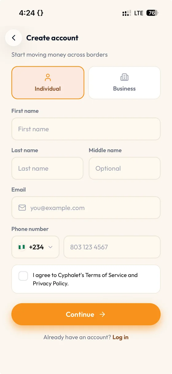 Cyphalet mobile app — create account screen