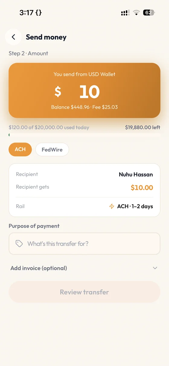 Cyphalet mobile app — transfer screen